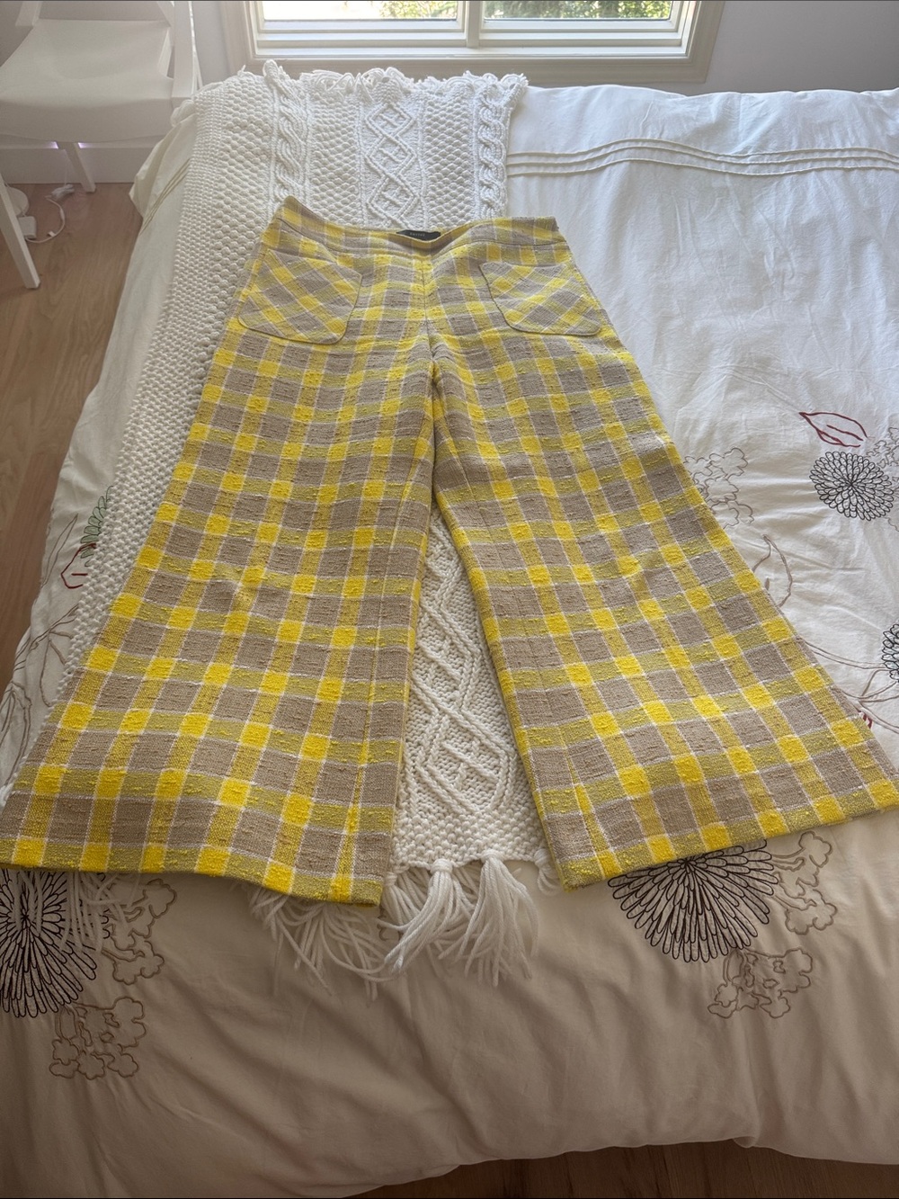 Smythe Yellow & Tan Plaid Cropped Wide-Leg Pants